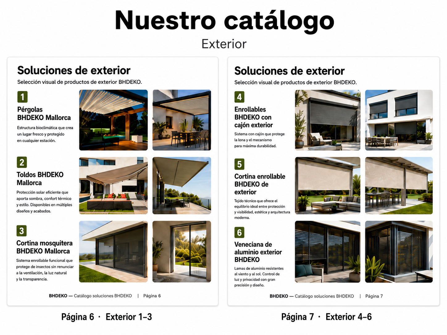 Catálogo en español de soluciones de exterior, mostrando pérgolas, toldos y cortinas BHDEKO Mallorca con imágenes de ejemplos y descripciones breves en dos páginas, con encabezados y números de página.