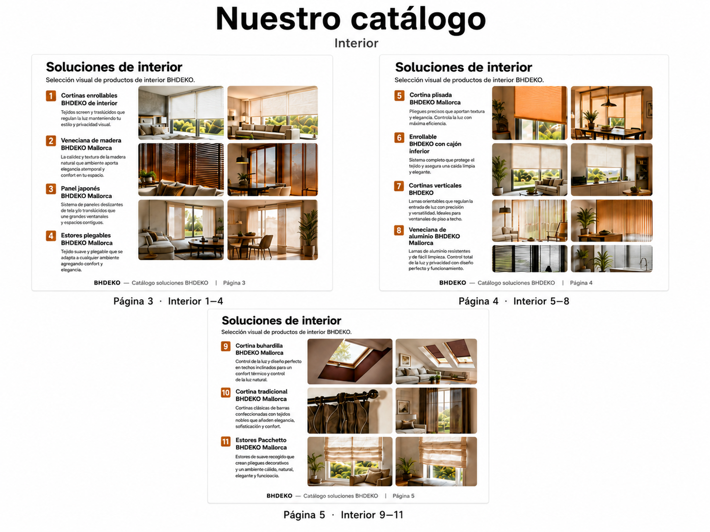 Una página del catálogo titulada Nuestro catálogo Interior muestra imágenes y listas de soluciones para interiores, como estores de madera, estores enrollables y paneles verticales, organizadas por números de página con fotos y descripciones de los productos.